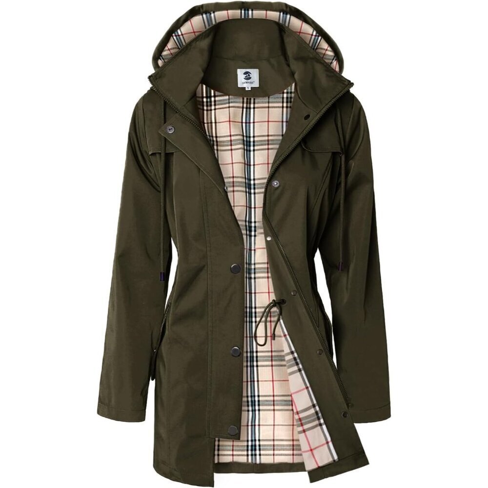 🆕SaphiRose Women Army Green Waterproof Rain Long Outdoor Raincoat with Hood